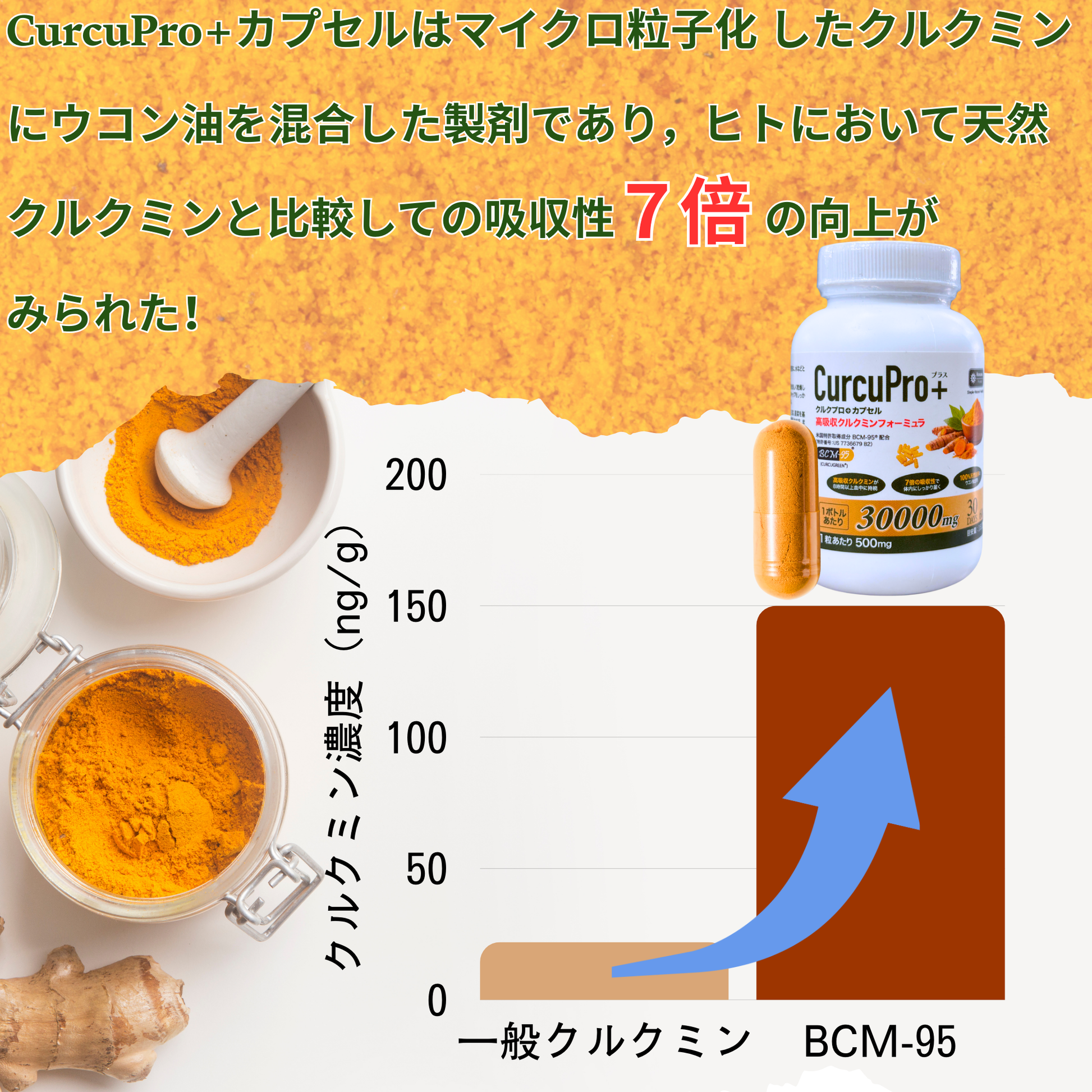 CurcuPro+カプセル 60粒（1ヶ月分）｜高吸収型クルクミン「BCM-95®」｜総クルクミノイド複合体 95％以上｜7倍（700%）の吸収率｜血中の滞留時間は約2倍の原料｜米国特許取得済｜総量30,000mg配合｜500mg×60粒｜30日分｜無添加｜GRAS、HALAL、KOSHER認証｜GMP認定工場製造