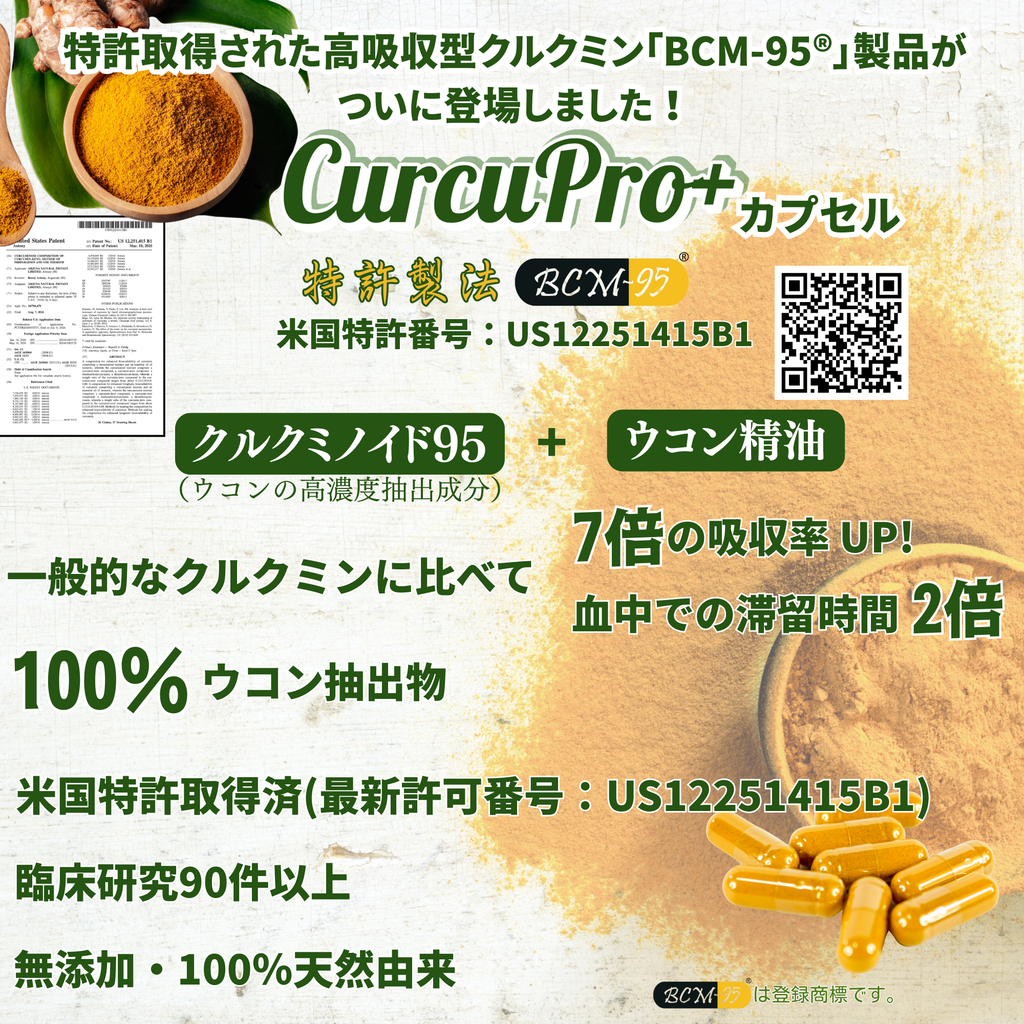 CurcuPro+カプセル 60粒（1ヶ月分）｜高吸収型クルクミン「BCM-95®」｜総クルクミノイド複合体 95％以上｜7倍（700%）の吸収率｜血中の滞留時間は約2倍の原料｜米国特許取得済｜総量30,000mg配合｜500mg×60粒｜30日分｜無添加｜GRAS、HALAL、KOSHER認証｜GMP認定工場製造