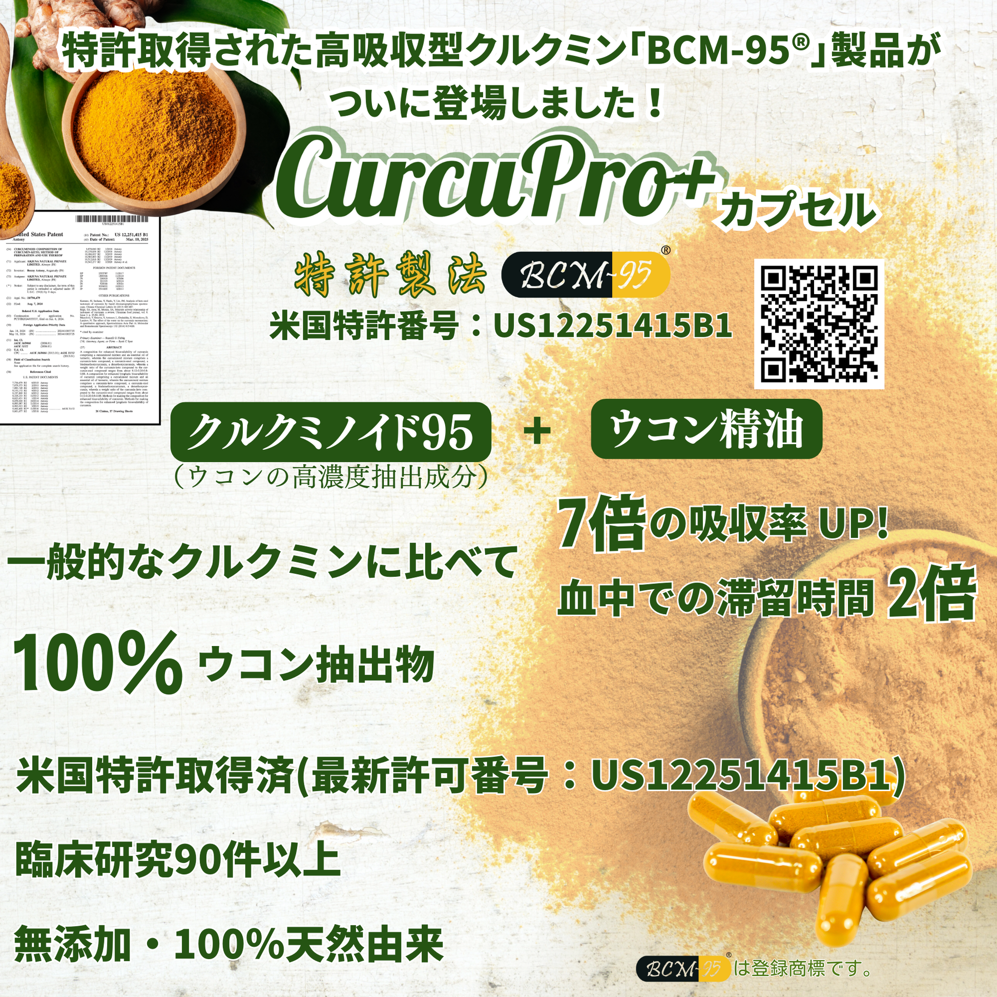 CurcuPro+カプセル 60粒（1ヶ月分）｜高吸収型クルクミン「BCM-95®」｜総クルクミノイド複合体 95％以上｜7倍（700%）の吸収率｜血中の滞留時間は約2倍の原料｜米国特許取得済｜総量30,000mg配合｜500mg×60粒｜30日分｜無添加｜GRAS、HALAL、KOSHER認証｜GMP認定工場製造